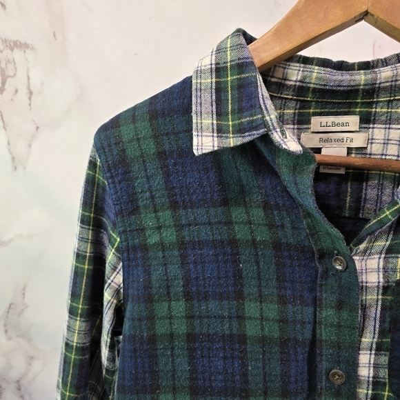 LL Bean Shirt Womens XS Green Plaid Flannel Scotch Check Button Up Patchwork - Picture 2 of 12